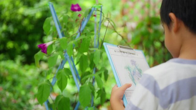 夏休みの宿題に朝顔の絵日記を書く小学一年生の男の子
