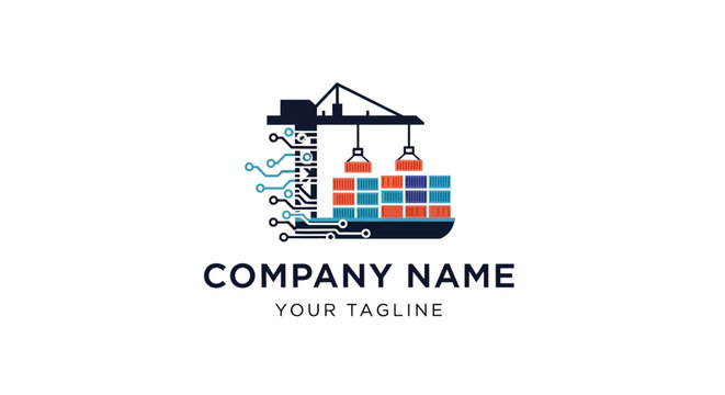 Colorful shipping container and crane logo for logistics company.