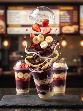 Levitating acai smoothie cup with dynamic splashing purple puree, sweet cream, flying strawberries, banana slices, and floating plastic lid. Blurred cafe background. Creative food advertising.