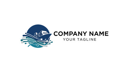 Fototapeta premium Minimalist sailboat logo design with wave and circle elements.