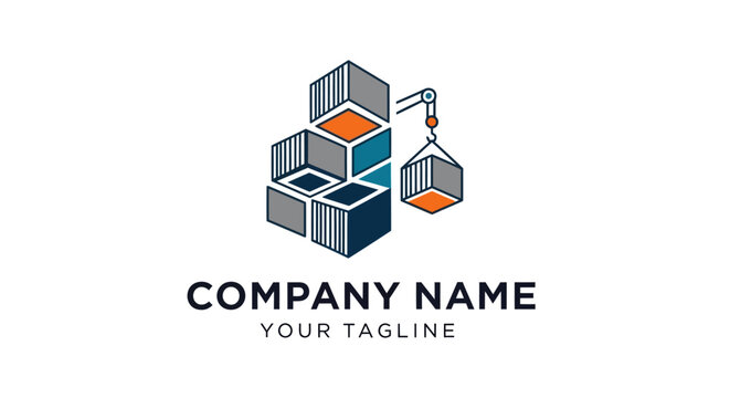 Modern geometric logo design with stacked cubes and crane for business branding.