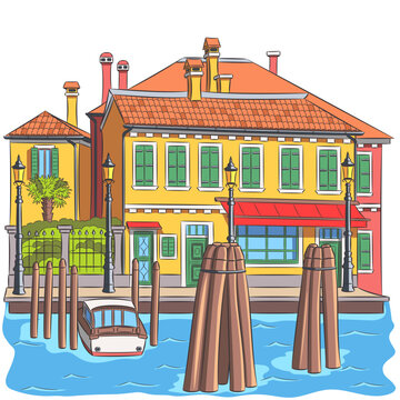 Colorful vector illustration of traditional waterfront houses, wooden poles and a boat on Burano island in Venice, Italy.