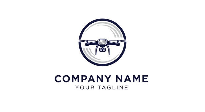 Minimalist drone logo design with circular frame and company tagline.