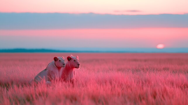 二頭のライオン。ピンク色の幻想的なサバンナの草原の景色