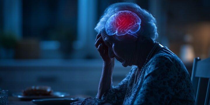 Elderly woman sitting at a table looking distressed with a glowing red and blue brain overlay representing memory loss.
