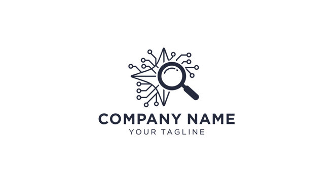 Minimalist magnifying glass logo design with abstract rays.