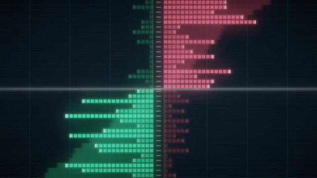 Trading order book depth ladder with green bid and red ask rows updating, stock market and crypto finance background, seamless loop in subtle emerald tones