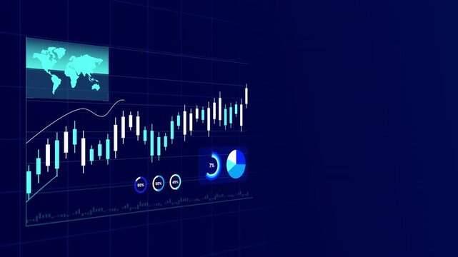 Perspective view of blue digital candlestick market charts, percentage rates, and global map data.
