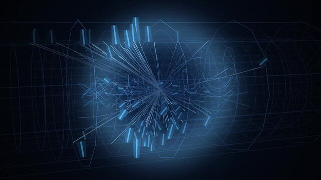 Particle Collider Detector Event with Helical Curved Particle Tracks Seamless Loop in cool cyan tones