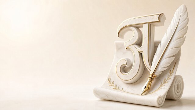 White marble stylized Devanagari character on open scroll with quill sculpture for Hindi Diwas India with gold leaf inlay on ivory 3D render