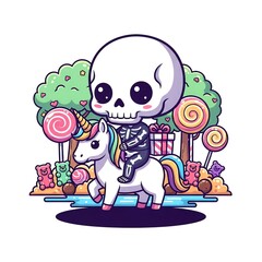 Fototapeta premium Cute Skeleton Riding a Unicorn Surrounded by Candy.