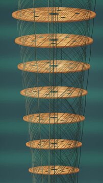 Rotating Gold Plate Stack of a Quantum Computer Dilution Refrigerator With Spiraling Coaxial Cables, Seamless Loop in calm bronze tones vertical 9:16