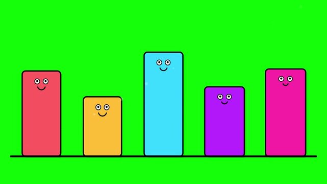 Cute Cartoon Bar Chart Characters Smiling and Blinking on Green Screen Background.
