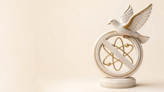 White marble dove perched over crossed out atom within peace ring sculpture for International Day for Total Elimination of Nuclear Weapons with gold leaf ivory 3D render