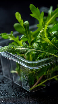 Fresh arugula microgreens with distinctive lobed leaves and water droplets