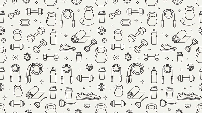 Minimalist Exercise Equipment Seamless Pattern Seamless line art pattern featuring dumbbells kettlebells and workout gear on a clean surface graphic background fitness pattern workout background