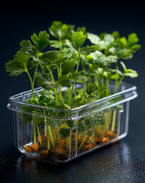 Young celery microgreens with visible seed coats in a clear plastic pot