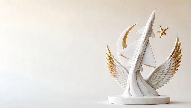 White marble jet fighter silhouette climbing with star crescent and eagle wings sculpture for Pakistan Air Force Day with gold leaf inlay on ivory 3D render