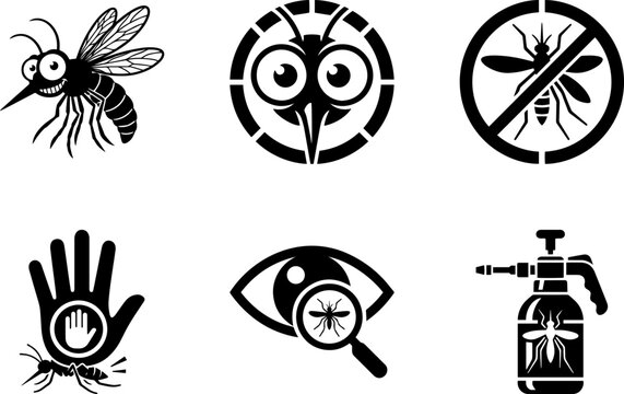 Mosquito Pest Control Vector Icon Set Solid Black Insect Repellent Pictograms Bug Extermination Dengue Malaria Prevention and Fumigation Spray Signs