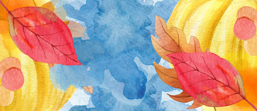 Colorful Watercolor Autumn Background with Red and Golden Fall Leaves and Blue Abstract Texture