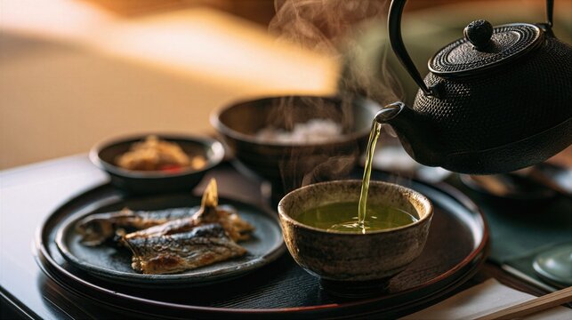 Premium commercial hospitality photography of traditional Japanese green tea being poured from a black cast iron tetsubin teapot into a ceramic cup