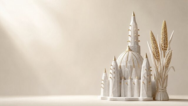 White marble stylized Great Mosque of Djenn&eacute; dome silhouette with millet stalk sheaf sculpture for Mali Independence Day with gold leaf inlay on ivory 3D render