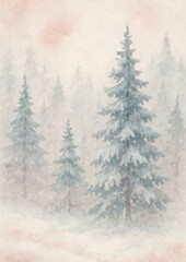 Fototapeta premium Serene snowy forest watercolor art.