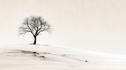 Fototapeta premium Sumi-e ink wash lone tree standing in a vast snowfield / Japanese ink landscape