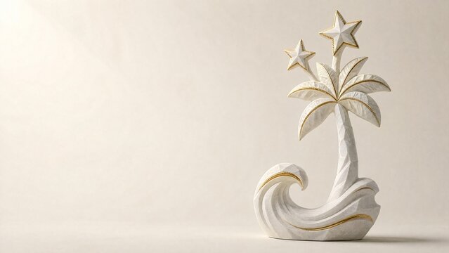 White marble two five-pointed stars above slim palm tree on curved wave motif base sculpture for Saint Kitts and Nevis Independence Day with gold leaf ivory 3D render