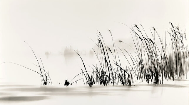 Sumi-e ink wash frozen lake under morning mist / Japanese ink landscape
