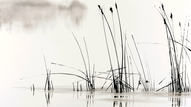 Sumi-e ink wash frozen lake under morning mist / Japanese ink landscape
