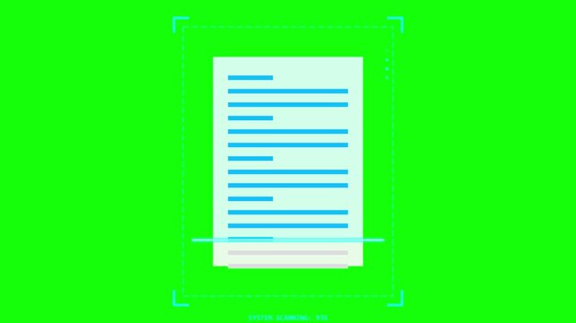 Document Scanning Animation with Laser Line on Green Screen Chroma Key Background.