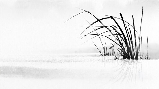 Sumi-e ink wash frozen lake under morning mist / Japanese ink landscape
