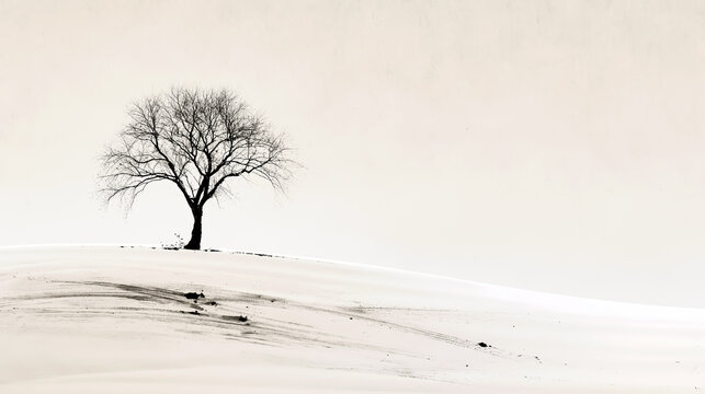 Sumi-e ink wash lone tree standing in a vast snowfield / Japanese ink landscape