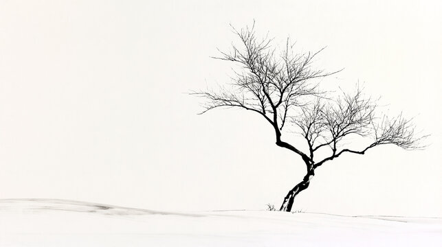 Sumi-e ink wash lone tree standing in a vast snowfield / Japanese ink landscape
