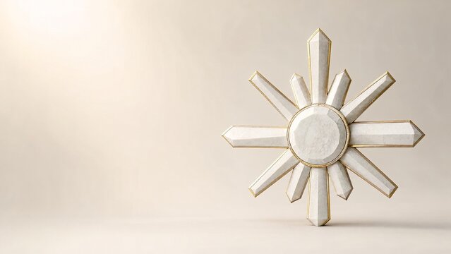 White marble radiant rising sun with widespread straight eight-ray sunburst sculpture for North Macedonia Independence Day with gold leaf inlay on ivory 3D render