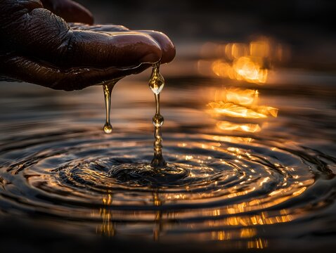 Close-up of water droplets falling from cupped hands into rippling water at sunset