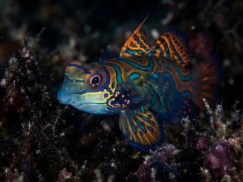 Colorful Mandarinfish Resting On Coral Reef