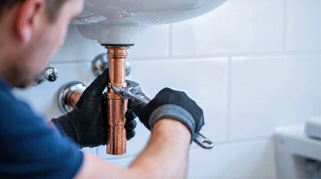 Close-up of plumber hands in black gloves using adjustable wrench to repair copper pipe under bathroom sink. Professional maintenance technician fixing plumbing system against white tile background