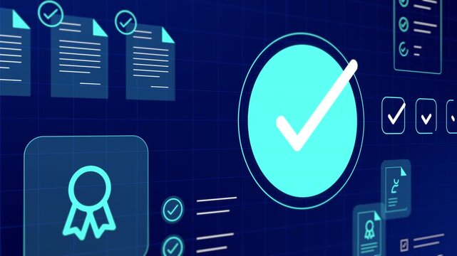 High tech blue interface highlighting digital verified checkmark, certificate badge, and document approvals.