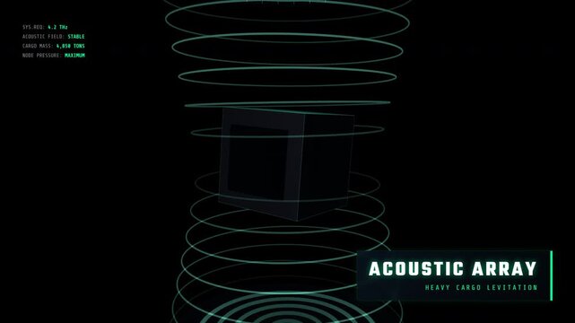 Acoustic Array Levitation: A futuristic, holographic HUD animation displaying a glowing wireframe spiral representing sound waves and frequency, accompanied by technical data text for heavy cargo levi