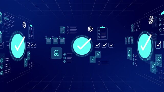 Wide virtual room environment with floating blue digital compliance boards, checkmarks, and certificates.