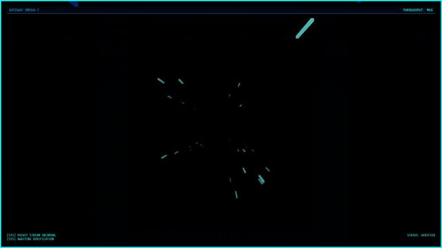 Digital Data Gateway Transition: A dark, abstract 3D animation featuring glowing cyan dashes and particles rushing toward the center to form a gateway or portal, representing data transfer, hyperspace