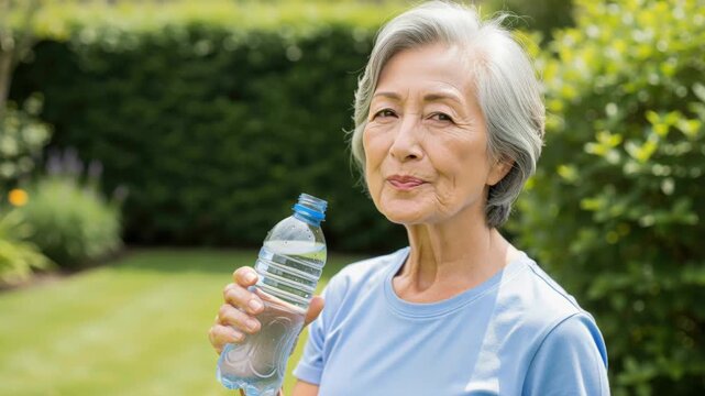 Senior Woman Refreshing in Garden: An elegant elderly Asian woman with gray hair holds a bottle of water, enjoying a refreshing moment in a verdant garden, embodying a healthy and active lifestyle.