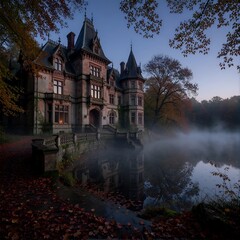 Obraz premium fall foliage Abandoned Gothic Victorian Manor by an Autumn Lake