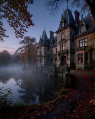 Obraz premium autumn woodland Abandoned Gothic Victorian Manor by an Autumn Lake