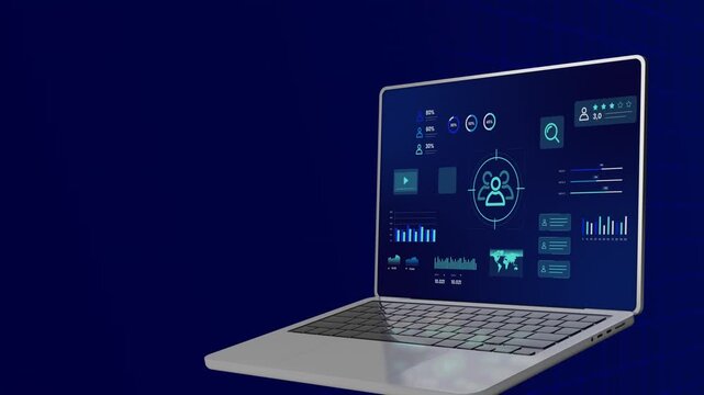 Open laptop computer showing futuristic blue interface for target audience segmentation and performance stats.