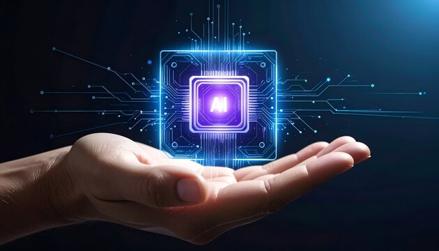 Futuristic processor chip with glowing circuitry hovering above an open hand, representing artificial intelligence, computing power, semiconductor innovation and digital technology.
