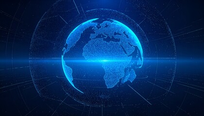 Obraz premium A glowing digital blue globe made of particles and data lines represents global connectivity, digital technology, artificial intelligence, cybersecurity, and the future of communication.