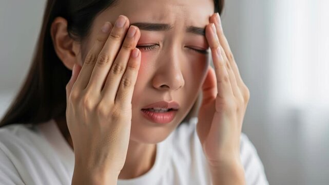 Distress and Exhaustion: A young woman is overwhelmed by stress, with her hands gripping her temples and eyes squeezed shut, conveying a sense of deep emotional pain and physical fatigue.